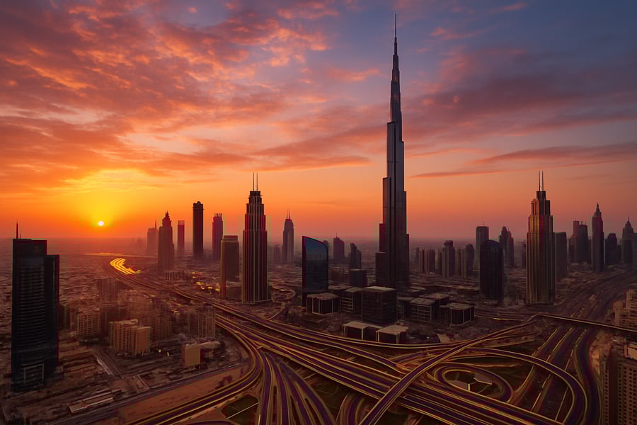 Dubai cityscape with Burj Khalifa at sunset Dubai cityscape with Burj Khalifa at sunset