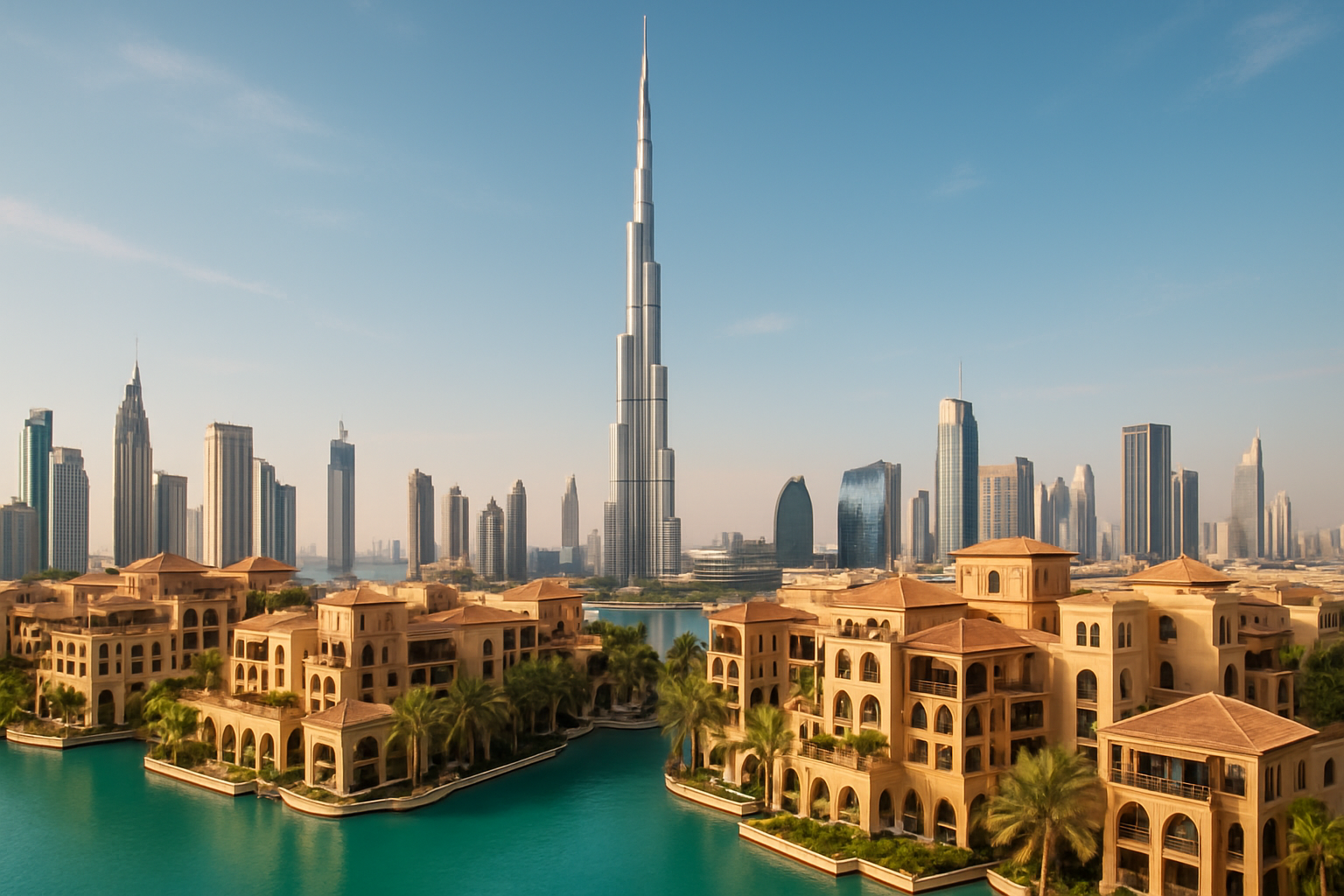 Iconic Dubai skyline with Burj Khalifa and luxury resorts